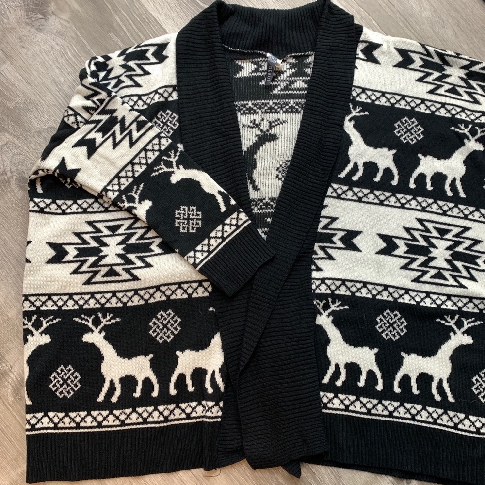 slouchy open front cardigan with aztec deer print